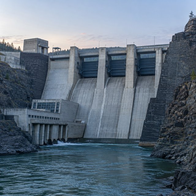 A broad hydroelectric dam in contemporary Brutalist engineering style spans a rocky gorge, its pale concrete face anchored by dark basalt abutments and steel gates; cool dawn light, viewed from downstream, with convincing load-bearing geometry. — Model 3