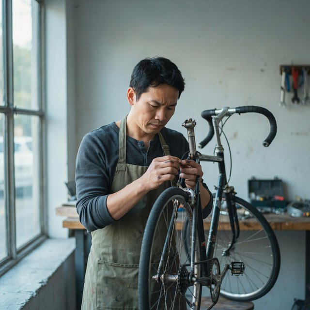 Candid documentary photograph of an adult repairing a bicycle at a quiet curbside workshop, cool morning window light, 50mm lens with shallow depth of field, grease smudges on their fingertips. — Ideogram v4.5