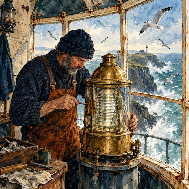 Ink-and-watercolour illustration of an adult lighthouse keeper repairing a brass lantern inside a windswept cliff tower, gulls circling beyond the window and sea spray glowing below. Palette of navy, rust, seafoam, and warm ivory, with expressive linework. — GPT Image 2.5 Flare