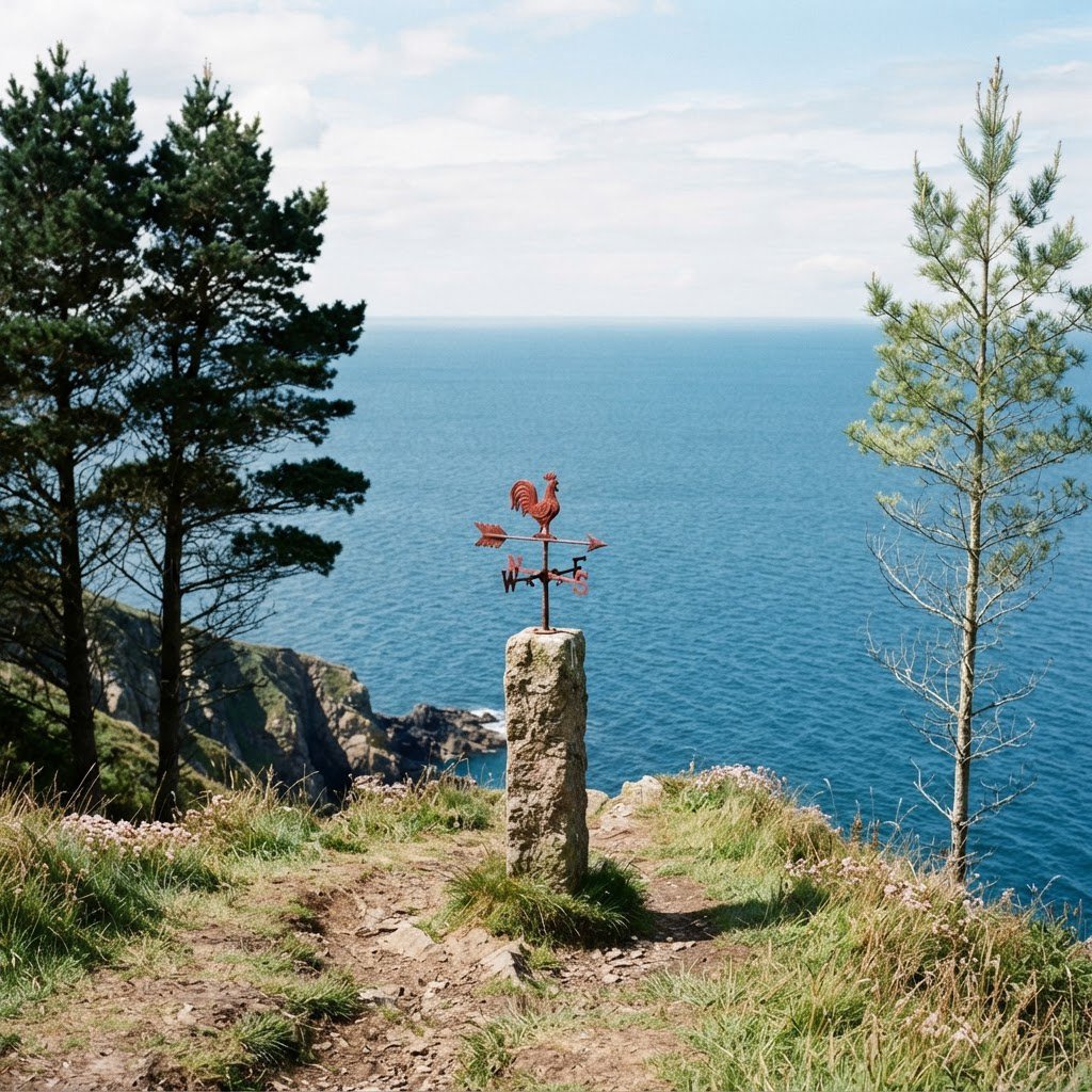 At a coastal overlook, a small red weather vane stands on a stone post. Exactly two dark-green pine trees line the left edge and one pale-green pine tree stands at the right edge; a blue sea fills the background, nothing else. — Nano Banana 2 Lite