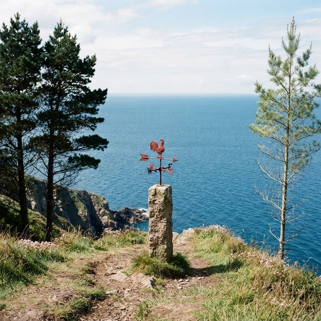 At a coastal overlook, a small red weather vane stands on a stone post. Exactly two dark-green pine trees line the left edge and one pale-green pine tree stands at the right edge; a blue sea fills the background, nothing else. — Model 16