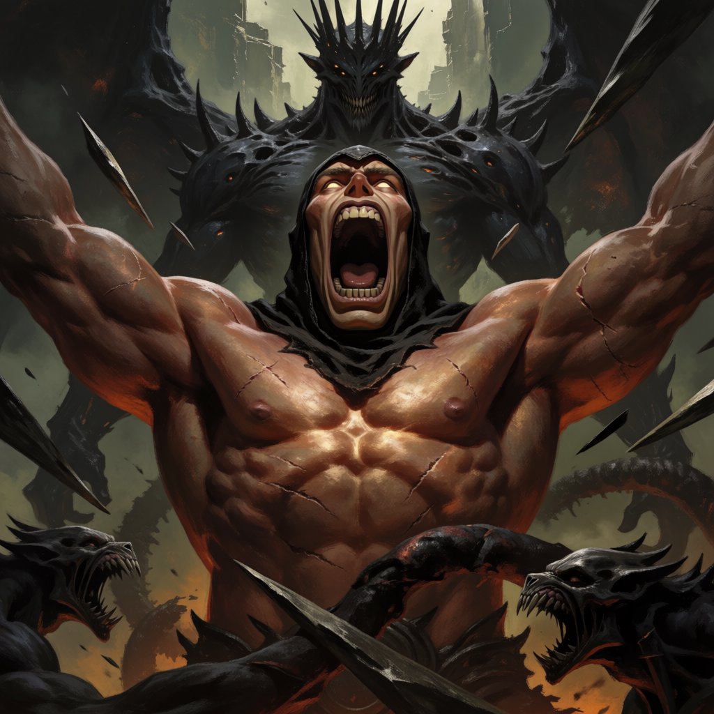 A colossal muscular berserker erupts in a primal roar, framed from the waist upward at a dramatic low angle. His head tilts back, glowing ivory eyes fixed upward, mouth stretched impossibly wide with clearly defined teeth and a cavernous dark interior. A close-fitting black hood frames his angular face, while his bare bronze-red torso displays monumental musculature, fine scars, and jagged surface fissures. Both upper arms thrust outward, elbows and hands beyond the frame, creating a broad, forceful silhouette. Behind him looms a towering obsidian demon with a crown of needlelike horns, scattered ember eyes, a serrated grin, and massive shoulders formed from twisted organic armor. Smaller snarling creatures coil across the lower foreground, their skull-like heads and hooked tendrils overlapping his waist. Razor-shaped fragments sweep diagonally through the scene, directing attention toward his illuminated face and chest. A ruined abyss recedes through smoky olive-green and charcoal haze. — Krea 2 Medium