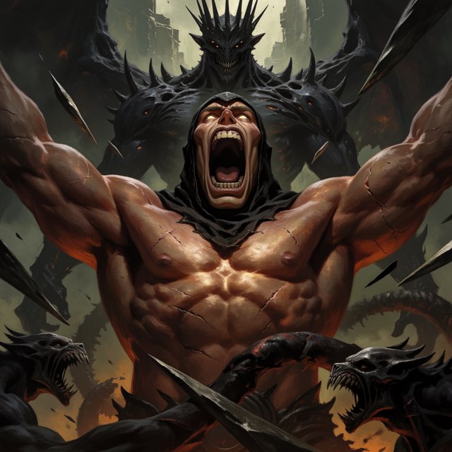 A colossal muscular berserker erupts in a primal roar, framed from the waist upward at a dramatic low angle. His head tilts back, glowing ivory eyes fixed upward, mouth stretched impossibly wide with clearly defined teeth and a cavernous dark interior. A close-fitting black hood frames his angular face, while his bare bronze-red torso displays monumental musculature, fine scars, and jagged surface fissures. Both upper arms thrust outward, elbows and hands beyond the frame, creating a broad, forceful silhouette. Behind him looms a towering obsidian demon with a crown of needlelike horns, scattered ember eyes, a serrated grin, and massive shoulders formed from twisted organic armor. Smaller snarling creatures coil across the lower foreground, their skull-like heads and hooked tendrils overlapping his waist. Razor-shaped fragments sweep diagonally through the scene, directing attention toward his illuminated face and chest. A ruined abyss recedes through smoky olive-green and charcoal haze. — Krea 2 Medium