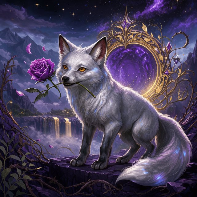 a silver fox holding a purple rose in its mouth, deep color, fantastical, intricate detail, splash screen, complementary colors, fantasy concept art — Model 2