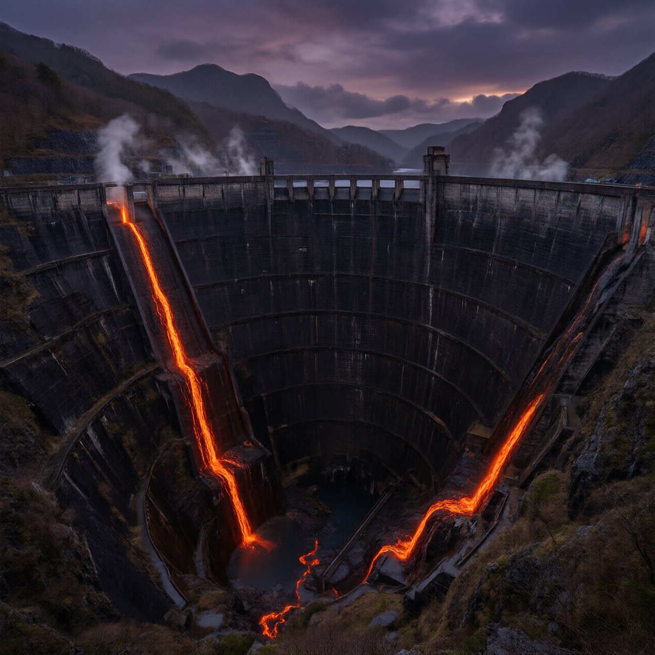 A colossal ring-shaped dam bridges a volcanic caldera, its black stone spillways veined with molten light. Rain veils the terraces as steam rises into a bruised dusk sky. — Qwen Image 3.0