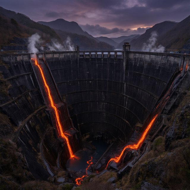 A colossal ring-shaped dam bridges a volcanic caldera, its black stone spillways veined with molten light. Rain veils the terraces as steam rises into a bruised dusk sky. — Qwen Image 3.0