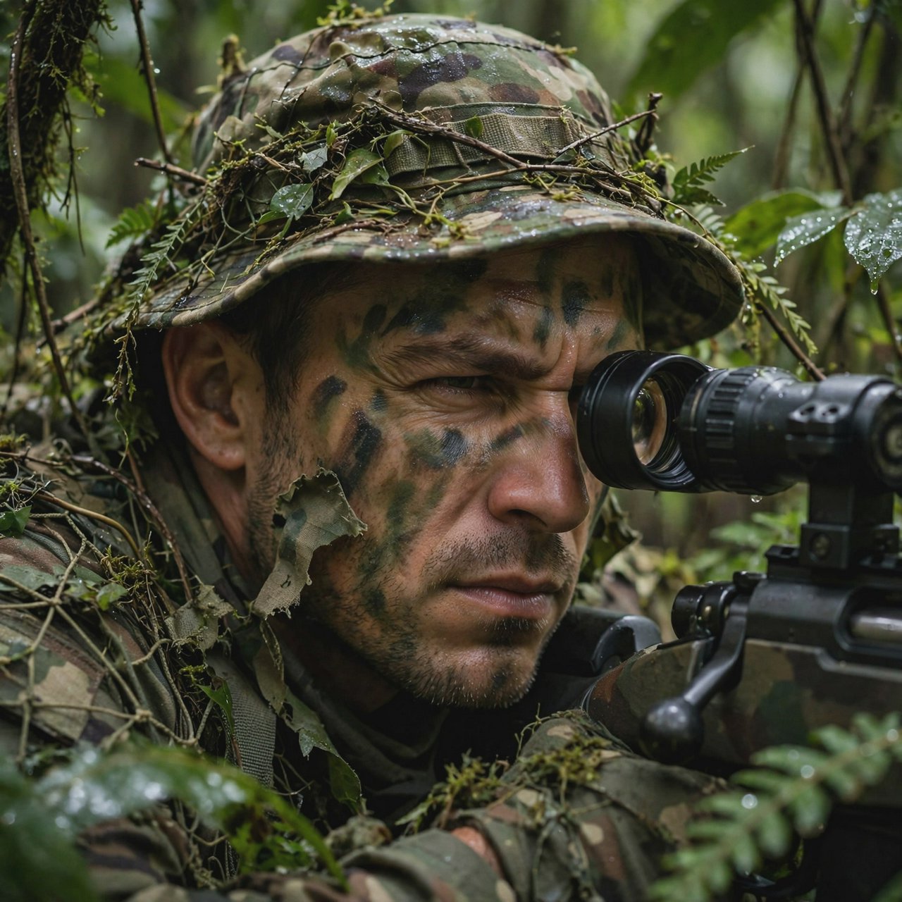 An adult sniper concealed in dense jungle foliage, aiming at a distant target, with a close-up view of his focused face. — Muse Image 1.0