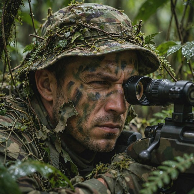 An adult sniper concealed in dense jungle foliage, aiming at a distant target, with a close-up view of his focused face. — Model 12