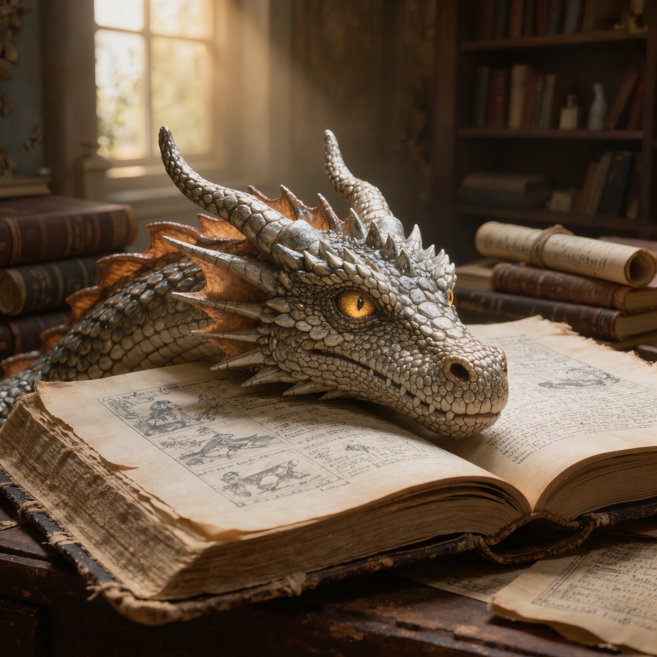A mystical dragon's head, slender and dreamy, rests upon the yellowed pages of an ancient tome, the cover worn and mysterious, as soft warm light pours in through a nearby window, casting a serene ambiance, the air thick with the scent of old parchment and forgotten knowledge. — Kling v3 Omni