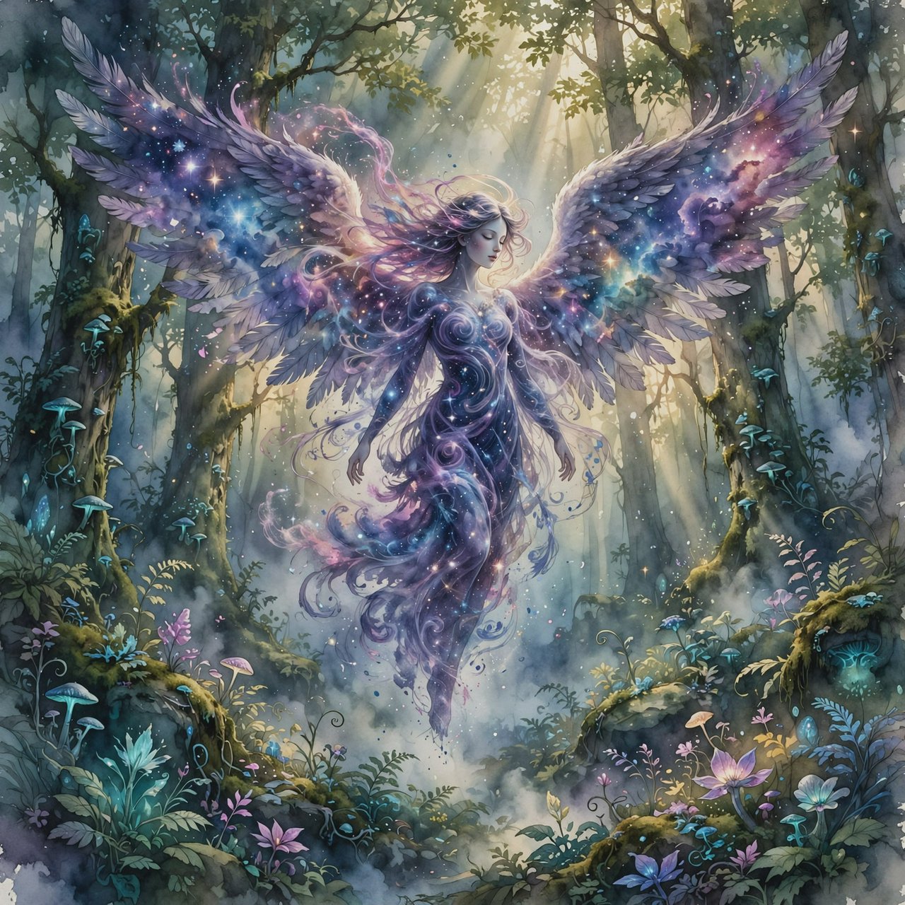 A lone angel with feathered wings, composed of swirling cosmic dust and nebulae, descends into a quiet, enchanted forest. Sunlight filters through the ancient canopy, illuminating wisps of mist and the vibrant, otherworldly plants below. The style is a fusion of hyper-detailed fantasy illustration and soft watercolor techniques, with the polished finish of concept art. — Muse Image 1.0