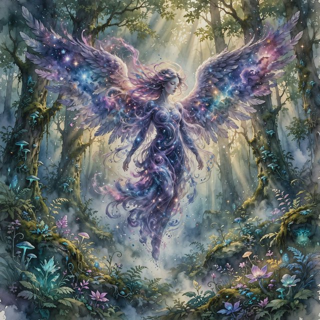 A lone angel with feathered wings, composed of swirling cosmic dust and nebulae, descends into a quiet, enchanted forest. Sunlight filters through the ancient canopy, illuminating wisps of mist and the vibrant, otherworldly plants below. The style is a fusion of hyper-detailed fantasy illustration and soft watercolor techniques, with the polished finish of concept art. — Muse Image 1.0