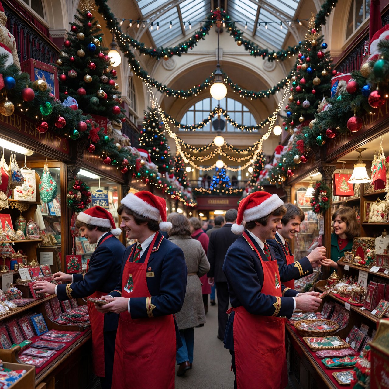 A UK department store in the 1970s at Christmas time. The lighting and decor will be very festive, with staff members dressed in festive outfits. — ImagineArt 1.5 Pro