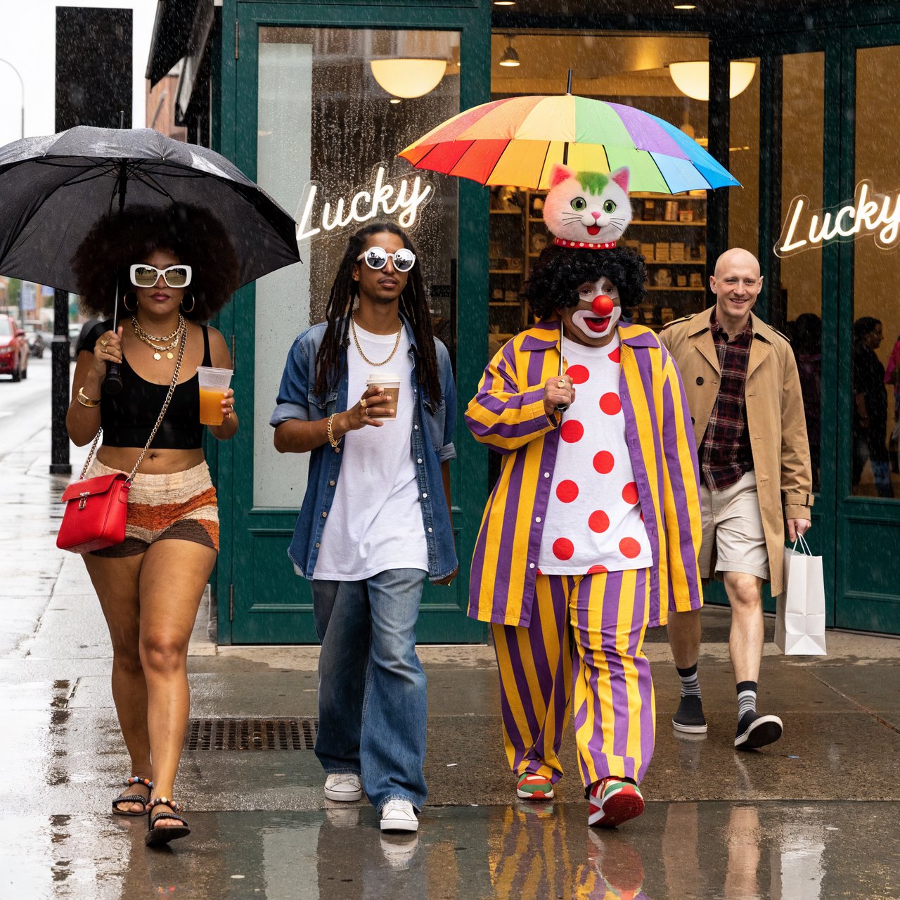 Realistic. Four to five adults having a very lucky day. One of the people is a clown with a very strange cat on their head. Another is wearing a black crop top and multicolored shorts. The word “Lucky” is seen at least twice in the background. — Recraft v4 Pro