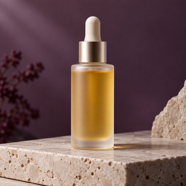 Under a broad diffused key and cool edge light, an unbranded frosted-glass serum bottle displays clear golden oil against a muted plum background, resting on honed pale travertine with its blank surface free of lettering. — GPT Image 2.5 Sunburst