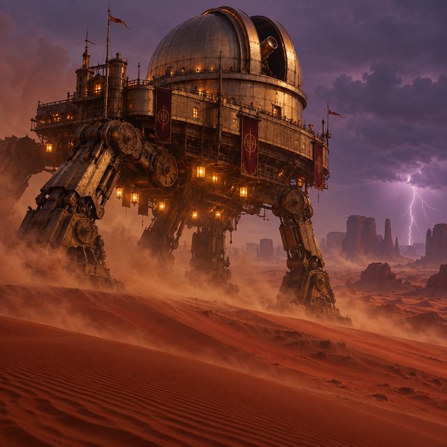 A colossal brass desert crawler carries an observatory dome across red dunes, its articulated legs striding through a sandstorm. Warm lamps glow beneath the hull while distant mesas fade into violet dusk and lightning illuminates the horizon. — GPT Image 2.5 Sunburst