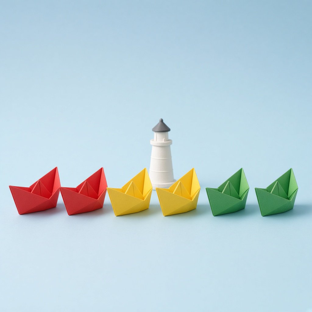 Exactly six folded paper boats sit on a pale blue tabletop: two red boats on the left, two yellow boats in the center, and two green boats on the right. A small white lighthouse figurine stands behind the center pair, nothing else. — Grok Imagine Image 2