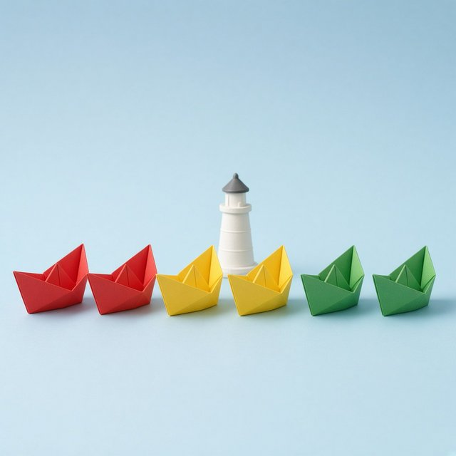 Exactly six folded paper boats sit on a pale blue tabletop: two red boats on the left, two yellow boats in the center, and two green boats on the right. A small white lighthouse figurine stands behind the center pair, nothing else. — Grok Imagine Image 2