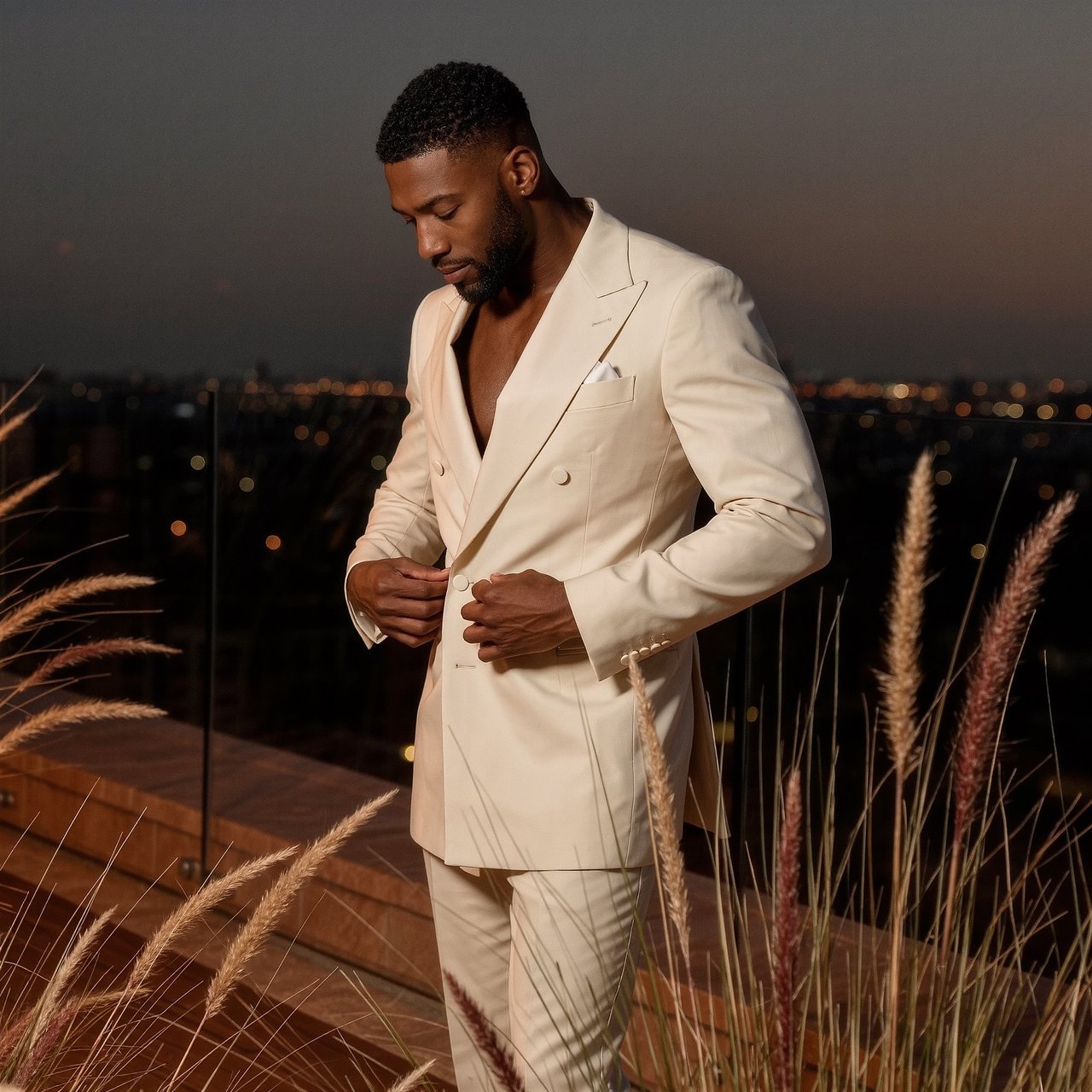 Under the copper glow of a rooftop terrace, an adult Black man in a tailored cream dinner suit is caught smoothing his lapel as evening breeze stirs nearby grasses; calm poise, sculpted shadows and refined fashion-magazine polish. — Kling v3 Omni