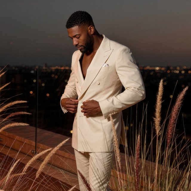 Under the copper glow of a rooftop terrace, an adult Black man in a tailored cream dinner suit is caught smoothing his lapel as evening breeze stirs nearby grasses; calm poise, sculpted shadows and refined fashion-magazine polish. — Kling v3 Omni