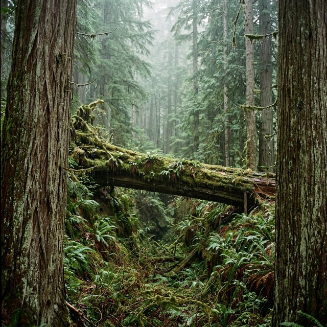 Between cedar trunks, a moss-covered fallen giant bridges a fern-filled ravine in steady dawn drizzle; shredded bark, rain-dark lichen, and tiny rivulets stand crisp nearby while successive trees dissolve into green mist. — Nano Banana 2.1