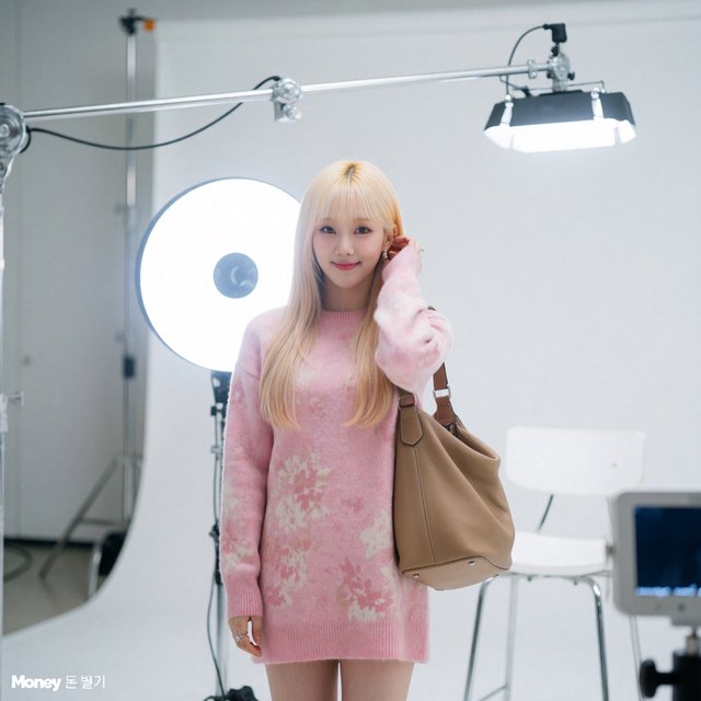 A pretty K-pop idol who is 19–21 years old at a music video shoot. The music video is for her hit song "돈 벌기" (Make Money). The setting of the music video relates to the song name. At least 4 scenes and many angles. — Krea 2 Medium