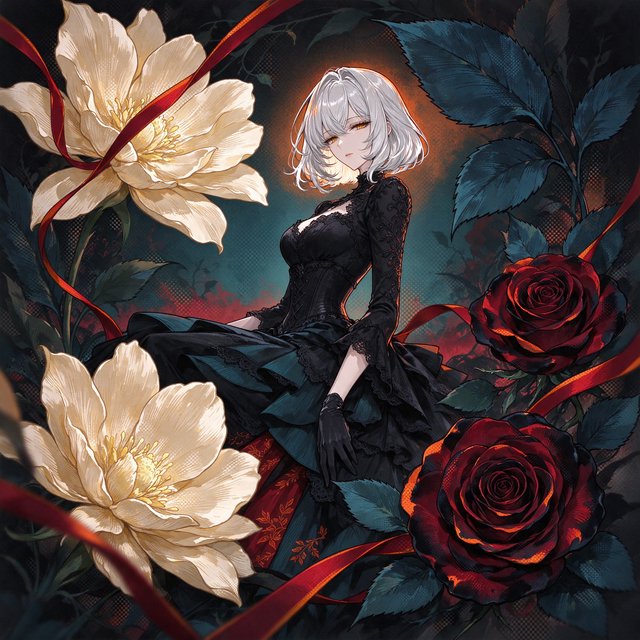 An elegant gothic woman sits sideways among oversized ivory blossoms, crimson roses, and dark teal foliage, turning toward the viewer with half-lidded amber eyes. She has a softly waved silver-white bob and a fitted black gown with lace, embroidered sleeves, and a sculpted corset. Deep-teal skirt folds reveal crimson lining and burnt-orange embroidery. Crimson ribbons with orange edging weave through the flowers, leaving breathing room around her pale face and hands. A deep-teal background fades into charcoal, with muted burnt-orange light behind her head, faint crimson haze below, and botanical shadows. Fine ordered dithering, delicate checkerboard patterns, and clustered pigment grains soften background transitions only; the woman and flowers remain smoothly painted. Crimson, deep teal, glowing orange, lacquer black, and warm ivory palette. Soft frontal fill, luminous hair, readable black fabric, subtle orange rim light, refined gothic anime, precise linework, dramatic floral framing — Seedream 5.0 Flash