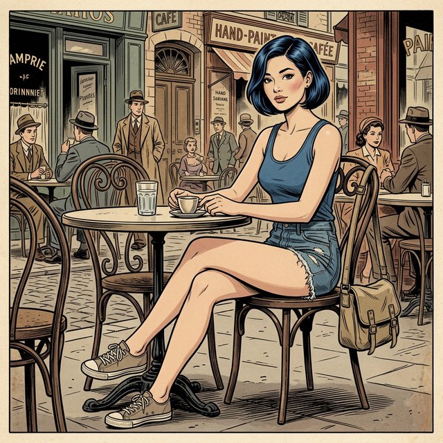 Classic American adventure-comic art with a strong 1930s–1950s pulp and Hollywood glamour influence. Exceptionally polished pen-and-ink draftsmanship, elegant controlled outlines, varied line weight, precise feathering, restrained crosshatching, and carefully placed solid blacks. Realistic but gracefully idealized anatomy, believable weight and balance, expressive naturalistic faces, and subtle character acting. Attractive characters with vintage glamour, sculpted features, and meticulously rendered hair. Strong three-dimensional form, convincing fabric folds, polished metal, leather, and other materials rendered with clarity and care. Romantic retro adventure atmosphere, richly detailed without clutter. Traditional hand-inked comic look, restrained flat colors. Avoid modern superhero exaggeration, extreme musculature, heavy digital rendering, and photorealism. A beautiful Asian woman sits at a cafe table, legs crossed. Blue tank top, torn shorts, sneakers, short bob hair dyed blue. — Model 15
