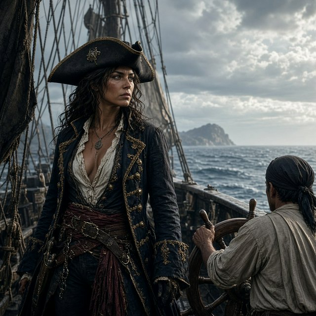 A pirate woman wearing a tricorne hat and an open coat stands behind the helmsman, scanning the horizon for danger. — Grok Imagine Image 2