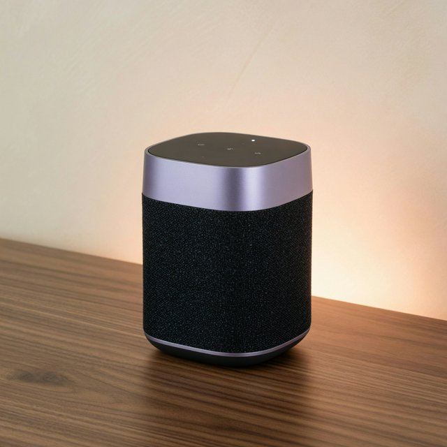 Commercial product photograph of an unbranded wireless speaker made from textured black fabric and satin aluminum, placed on a walnut tabletop against a warm cream background, illuminated by a large softbox and subtle backlight. — Grok Imagine Image Quality