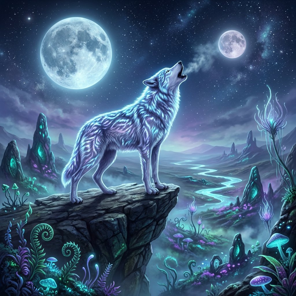 A solitary wolf, its fur subtly infused with shimmering, bio-luminescent patterns, howling at a sky filled with twin moons. The wolf stands on a cliff overlooking a vast, alien landscape dotted with strange, glowing rock formations and spectral, phosphorescent vegetation. — Nano Banana 2.1