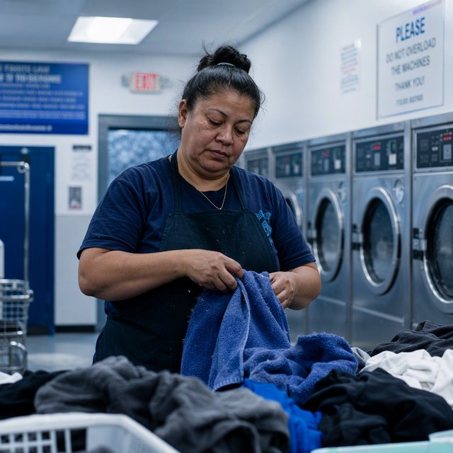Candid documentary photograph of an adult laundromat attendant sorting warm clothes beside humming machines, cool fluorescent light, 50mm lens with moderate depth of field, loose lint clinging to a blue towel and faint condensation on the glass doors. — GPT Image 2
