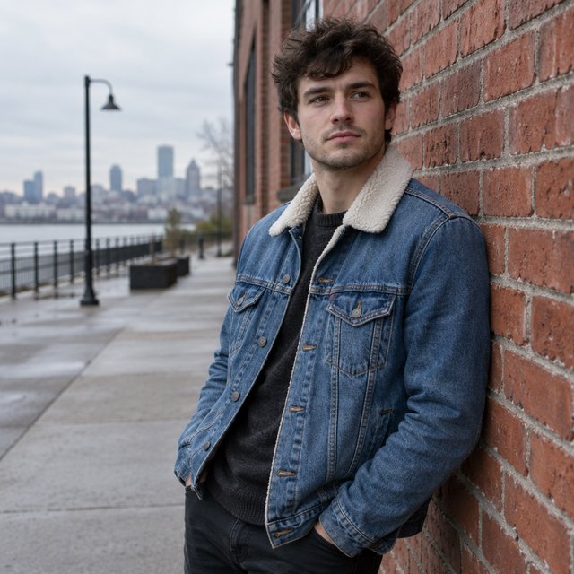 Environmental portrait of a young man in a denim jacket leaning on a red brick wall, overcast light, looking just past the camera. — GPT Image 2.5 Flare