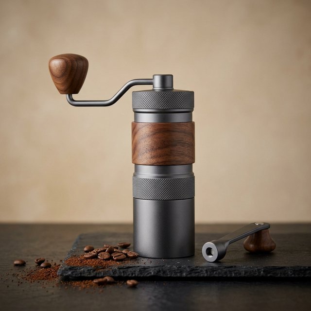 Commercial product photograph of an unbranded portable espresso grinder crafted from anodized aluminum with walnut accents, resting on a black stone surface against a warm beige background, illuminated by broad diffused studio light and a subtle edge highlight. — Nano Banana 2.1
