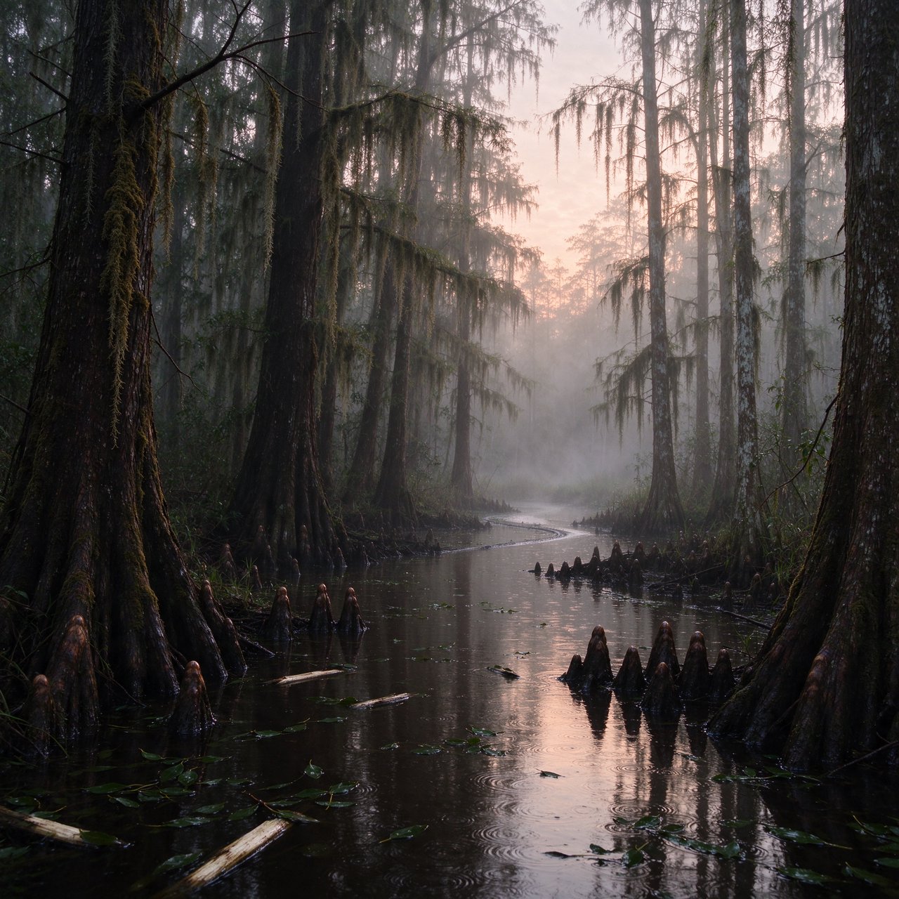 A cypress swamp at foggy sunrise after overnight drizzle, dark tea-colored water threading between moss-draped trunks; slick root knees and floating leaves lead toward pale trees disappearing into layered mist. — Seedream 5.0 Flash