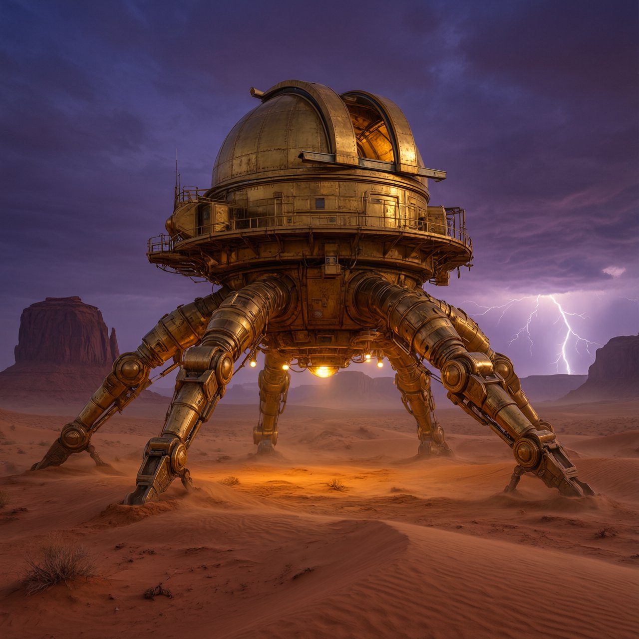 A colossal brass desert crawler carries an observatory dome across red dunes, its articulated legs striding through a sandstorm. Warm lamps glow beneath the hull while distant mesas fade into violet dusk and lightning illuminates the horizon. — Qwen Image 3.0 Pro