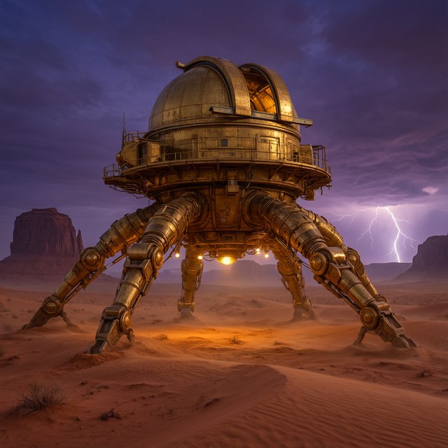 A colossal brass desert crawler carries an observatory dome across red dunes, its articulated legs striding through a sandstorm. Warm lamps glow beneath the hull while distant mesas fade into violet dusk and lightning illuminates the horizon. — Qwen Image 3.0 Pro