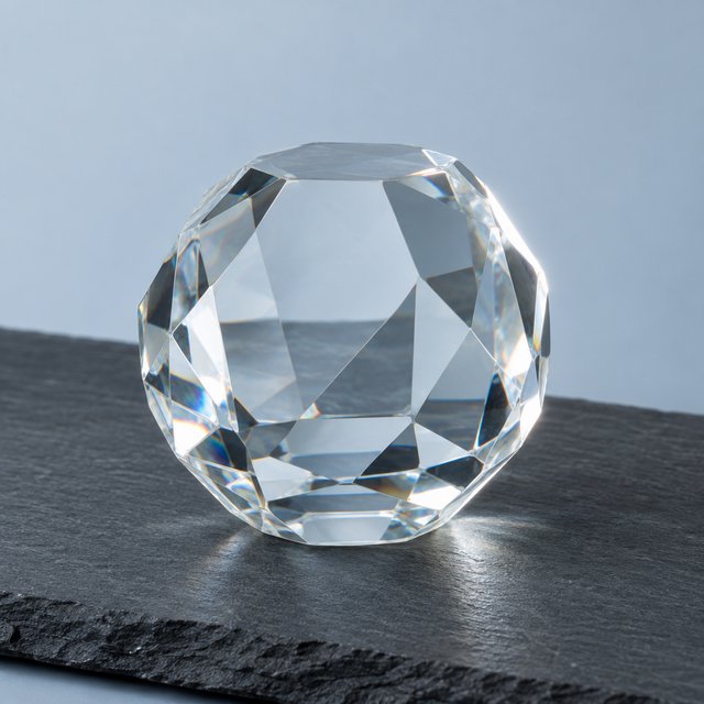 An unbranded, unmarked faceted optical-glass paperweight rests on charcoal slate against a pale blue-gray background; broad diffused studio light and a narrow side highlight reveal crisp internal refractions and bright edge reflections. — GPT Image 2.5 Flare