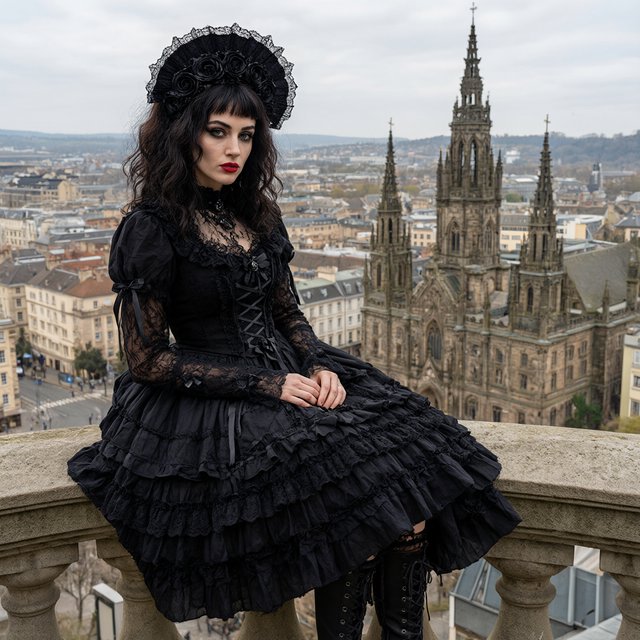 A whimsical gothic woman sitting on a ledge overlooking the city. — Qwen Image 3.0 Pro