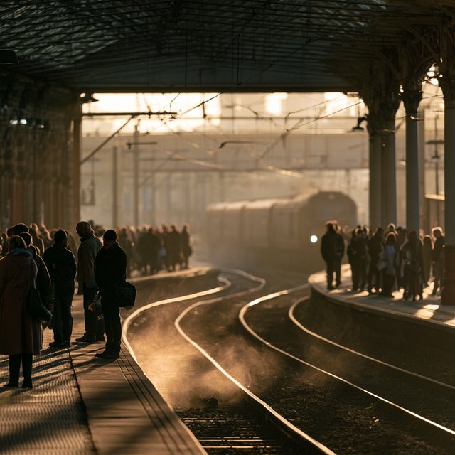 Across a broad station platform, adult commuters wait in loose clusters as a train approaches through pale dawn haze. A real-world press photograph uses a 135mm lens and deep focus; fine brake dust hangs in the sunlit air. — Midjourney V8.2