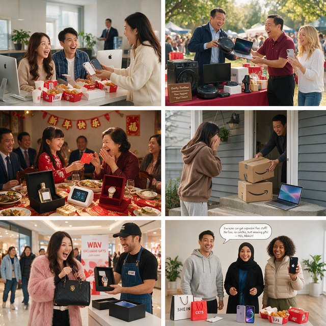 Realistic. Adults in the U.S., Canada, and Asia getting a ton of expensive free stuff (phones, PCs, nice food, and all kinds of other things). 4–6 panels. The adults react in the way one would expect as a result. — Seedream 5.0 Pro