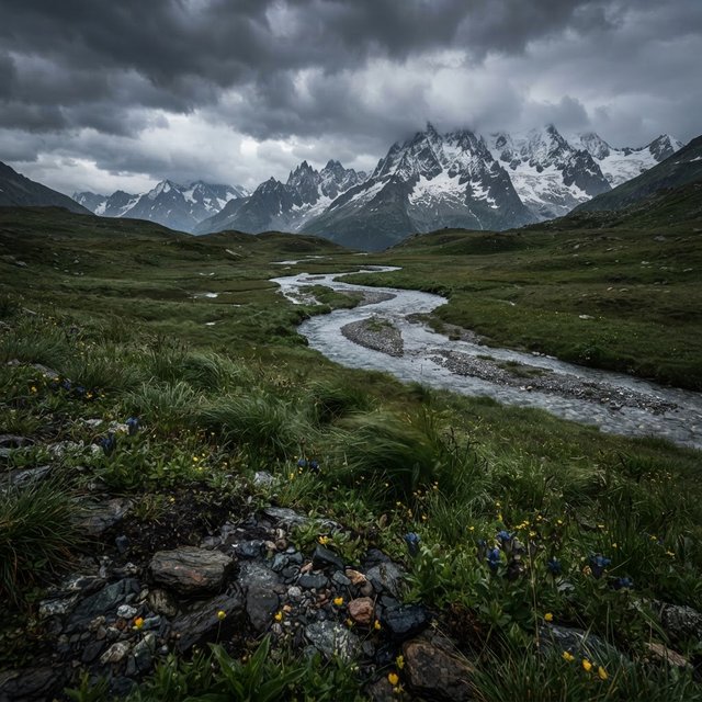 A windswept alpine meadow beneath heavy morning clouds, fresh rain darkening the grasses, a braided stream winding toward distant snowcapped peaks, tiny wildflowers and wet stones sharpening the foreground texture and layered depth. — Nano Banana 2 Lite