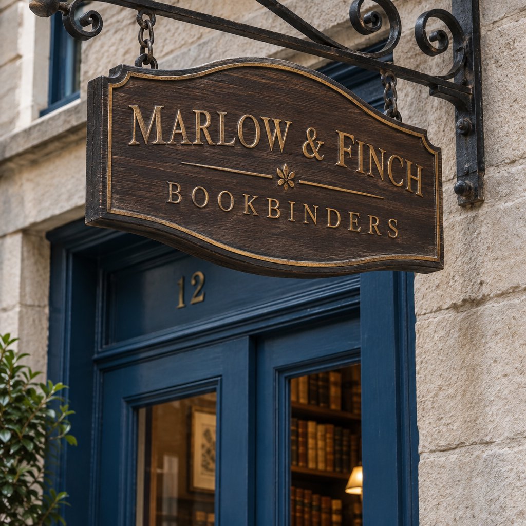 A hanging wooden shop sign that reads "MARLOW & FINCH — BOOKBINDERS" in gold serif letters, carved, above a blue door. — GPT Image 2.5 Sunburst