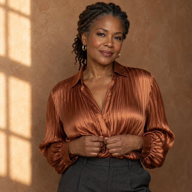 Portrait of an adult Black woman in her 50s wearing a pleated copper satin blouse and tailored charcoal trousers, her hands gently holding the blouse fabric, calm half-smile, warm plaster backdrop, late-afternoon window light grazing her face. — GPT Image 2.5 Flare