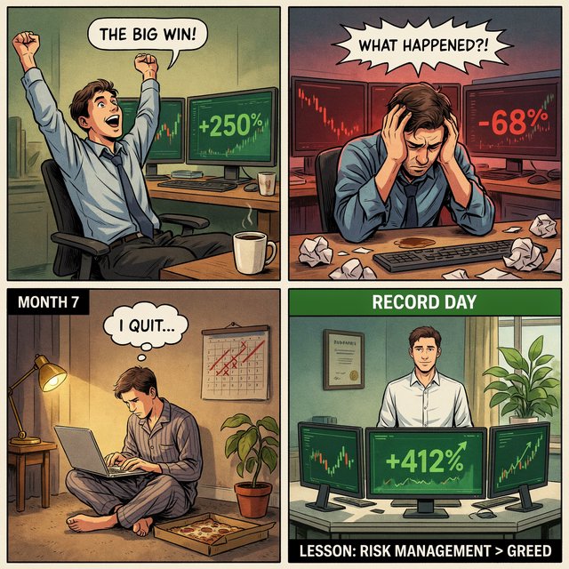 An image depicting the highs and lows of trading, in at least four panels. It ends with a very green day, record profits, and a lesson. — Model 7