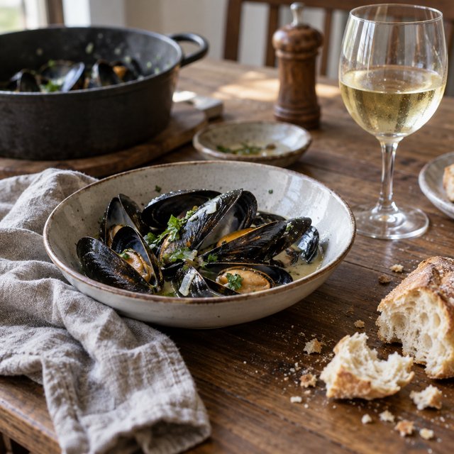 Beside a rumpled linen napkin, an in-progress supper shows a shallow bowl of mussels, torn bread, and a half-full glass on a wooden table. A natural-light dining snapshot, shot at 50mm with shallow depth of field, catches crumbs and glossy broth. — GPT Image 2.5 Sunburst