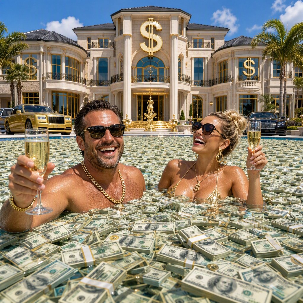 A wealthy adult couple swimming in a huge pool full of money, near a huge mansion with dollar signs on it, with a fun, happy vibe. — GPT Image 2