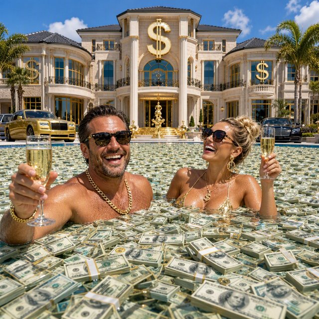A wealthy adult couple swimming in a huge pool full of money, near a huge mansion with dollar signs on it, with a fun, happy vibe. — GPT Image 2