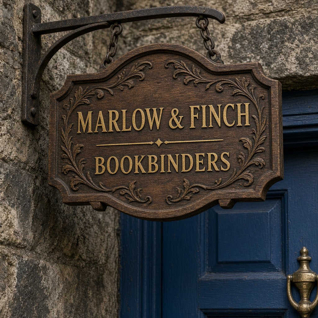 A hanging wooden shop sign that reads "MARLOW & FINCH — BOOKBINDERS" in gold serif letters, carved, above a blue door. — Grok Imagine Image 2