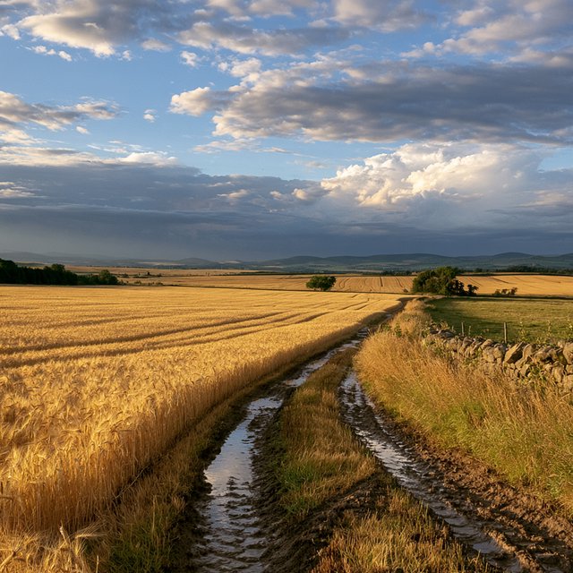 Golden barley fields ripple beneath a vast sky as a cool morning breeze follows overnight showers; muddy tractor furrows glisten in the foreground, guiding the eye past a weathered stone boundary toward low hills under broken clouds. — Model 13