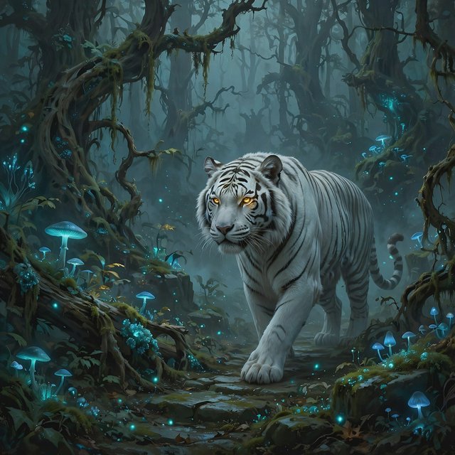 A majestic white tiger with eyes like molten gold, walking through a misty, ancient forest. Strange, bioluminescent flora casts an ethereal glow on the gnarled trees and moss-covered stones. The atmosphere is one of profound mystery and quiet solitude. Rendered in the style of detailed matte painting with a touch of dark fantasy concept art. — Muse Image 1.0